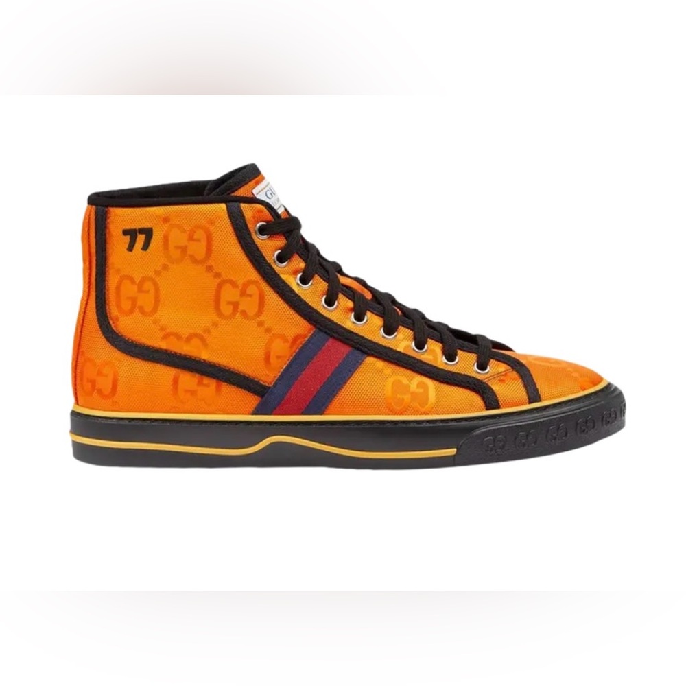 Gucci Orange High-Top Sneaker with Blue-Red Web Stripe